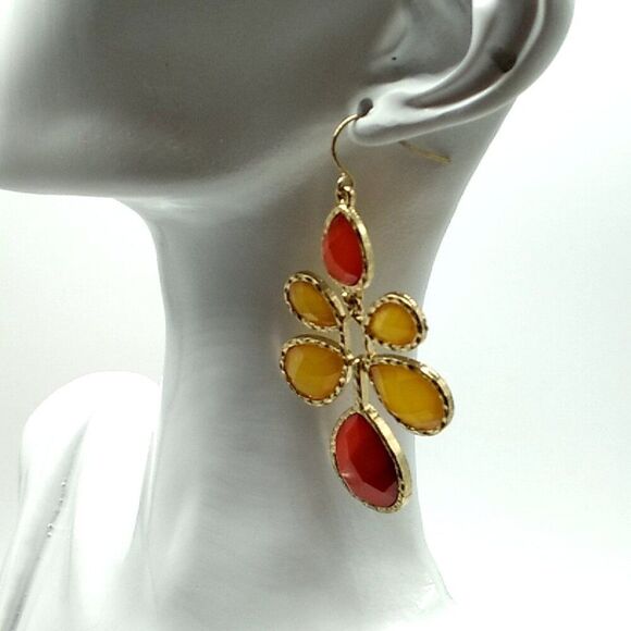 Gold-Tone Chandelier Dangle Earrings Yellow and Orange Faceted Resin Gems 2" - Picture 2 of 4